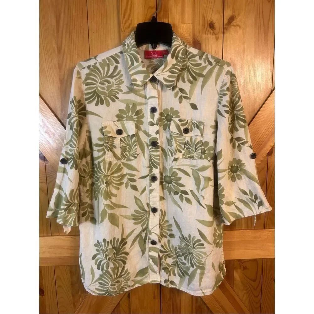 Oscar De La Renta Linen Button Up Shirt Large Tropical (5843)